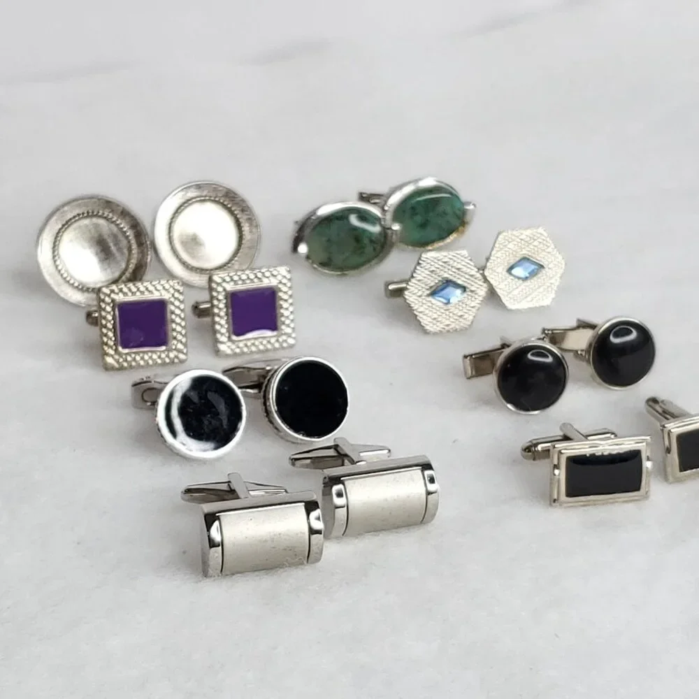 Vintage Cufflink Lot Silver Tone Black Green Blue Purple 8 Pair